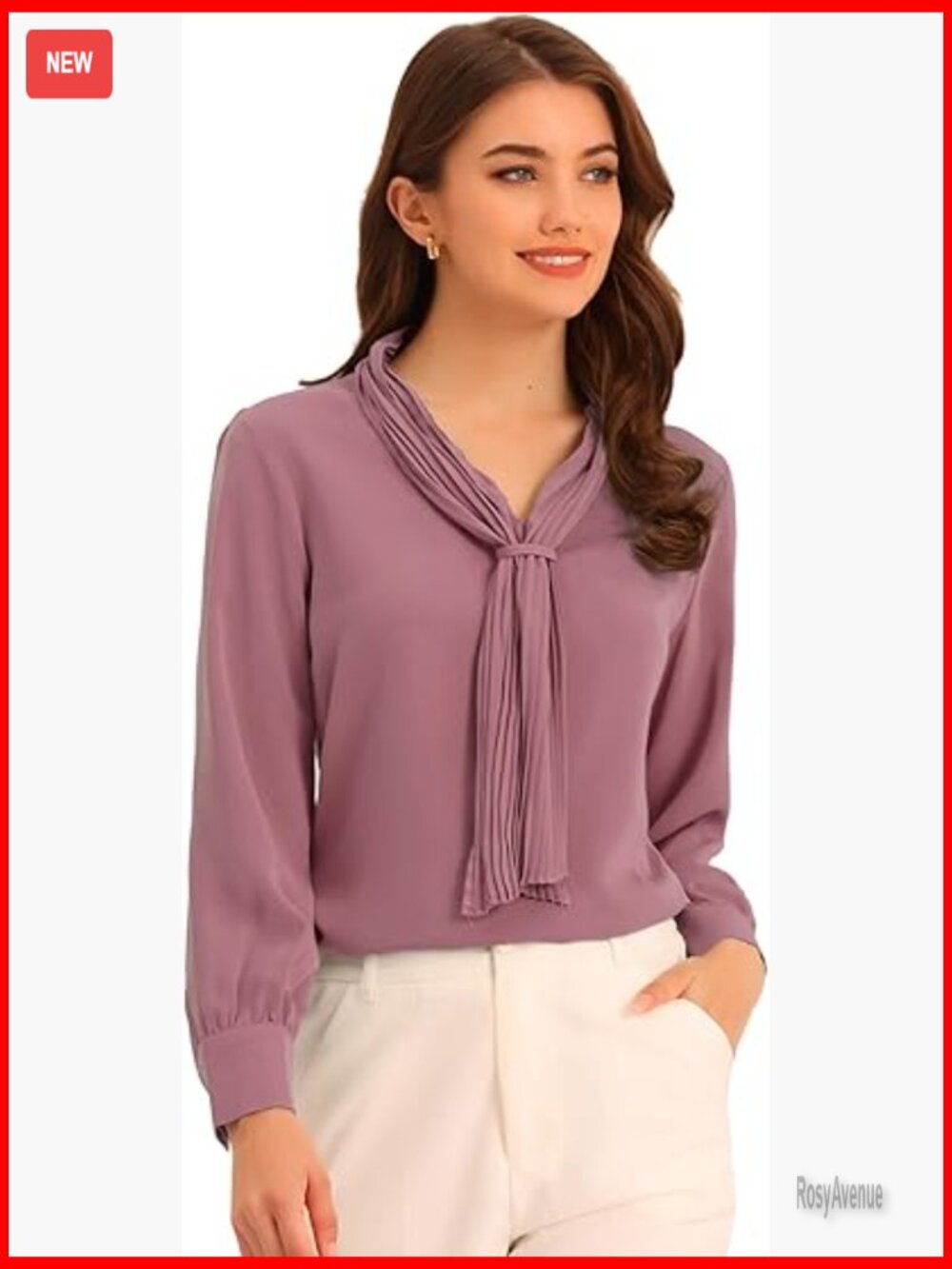 Dressy Long Sleeve Chiffon Blouse Tie Neck Pleated Office Top